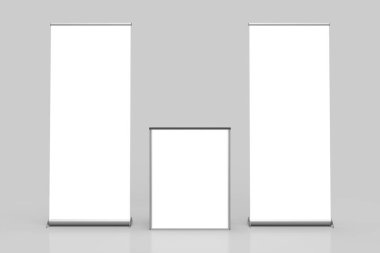 İki Beyaz Pullup Sancak Sergisi Sergisi ve Ortada Satış Masası Gri bir arkaplan, ön manzara, modelleme ve illüstrasyon amacıyla izole. 3 Boyutlu Resim Çizimi