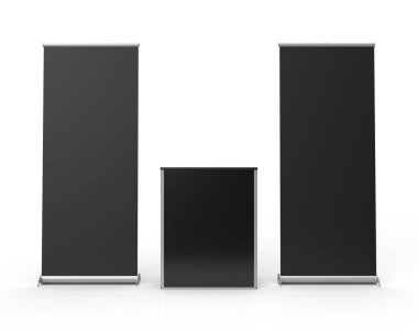 Siyah Pullup Sancak Sergisi Sergisi ve Satış Masasının Noktası beyaz arka plan, ön manzara, tasvir ve resimleme amacıyla izole edilmiştir. 3 Boyutlu Resim Çizimi