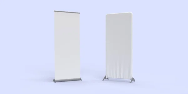 Mavi Arkaplanda Banner ve Kumaş Pankart Duvarı, 3D çizim.