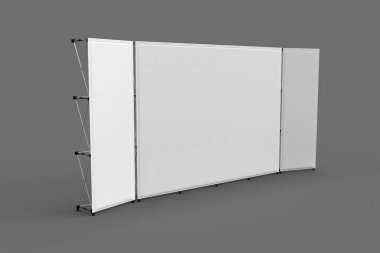 Wall Banner Kumaş Sergisi Standı 3x2 ve 3x1 Yan yana, sergi duvarının gerçekçi 3d görüntüsü. Model için gri arkaplanda beyaz kumaş derisi izole edildi