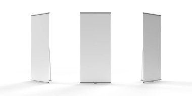 Banner Stands Sergisi, resim ve maket için beyaz bir arka planda izole edilmiş, açılır pencereli sistemi yan yana gösterir. 3d Hazırlama.