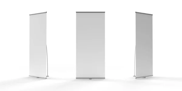 Banner Stands Sergisi, resim ve maket için beyaz bir arka planda izole edilmiş, açılır pencereli sistemi yan yana gösterir. 3d Hazırlama.