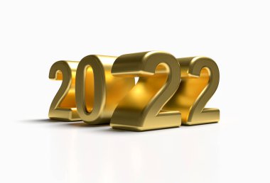 Altın 2022 Yeni Yıl 3D resimleme beyaz arkaplan, Perspektif Görünümü üzerine dağınık ve izole.