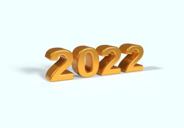 Metalik Altın 2022 Yeni Yıl 3D görüntüleme beyaz arkaplan, Perspektif Görünümü izole.