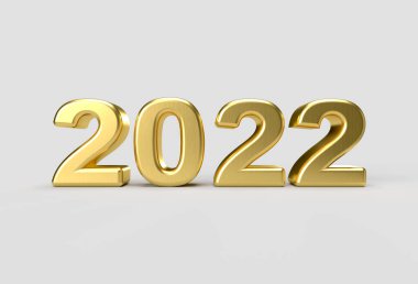 Metalik Altın 2021 / 2022 Yeni Yıl 3D görüntüleme açık gri arkaplan, Ön Görünüm.