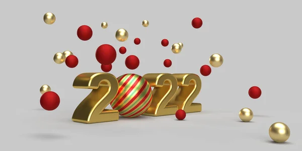 Vista Perspectiva Ouro 2022 Com Bauble Natal Listrado Bolas Vermelhas — Fotografia de Stock