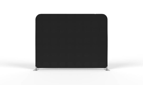 A Black Cloth Banner Display Wall with Flat Steel Feet from the front, Isolated on a White Background for Mockup and Illustrations. 3D render.