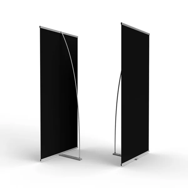 Front & Back view of a brandable Exhibition Banner Stand with a full black skin front & back. 3D render for mockup and illustrations.