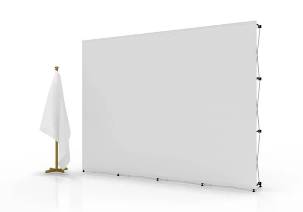 Sergi Wall Banner Diplays Duvarı beyaz arka planda izole edilmiş ve yan tarafında asılı bir bayrak var. İllüstrasyon ve modelleme varlıkları için 3d oluşturma.