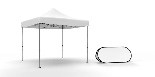 Beyaz üzerine izole edilmiş çift taraflı açılır pencereli çarşaf çadırı sergisi. 3 Boyutlu Resim Çekimi.