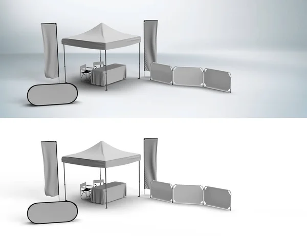 Exhibition Event Stand with Gazebo Marquee, Table Cloth, Telescopic Flags, Popup Banners, Directors Chairs and Partitions Combo, 3D render Illustration.