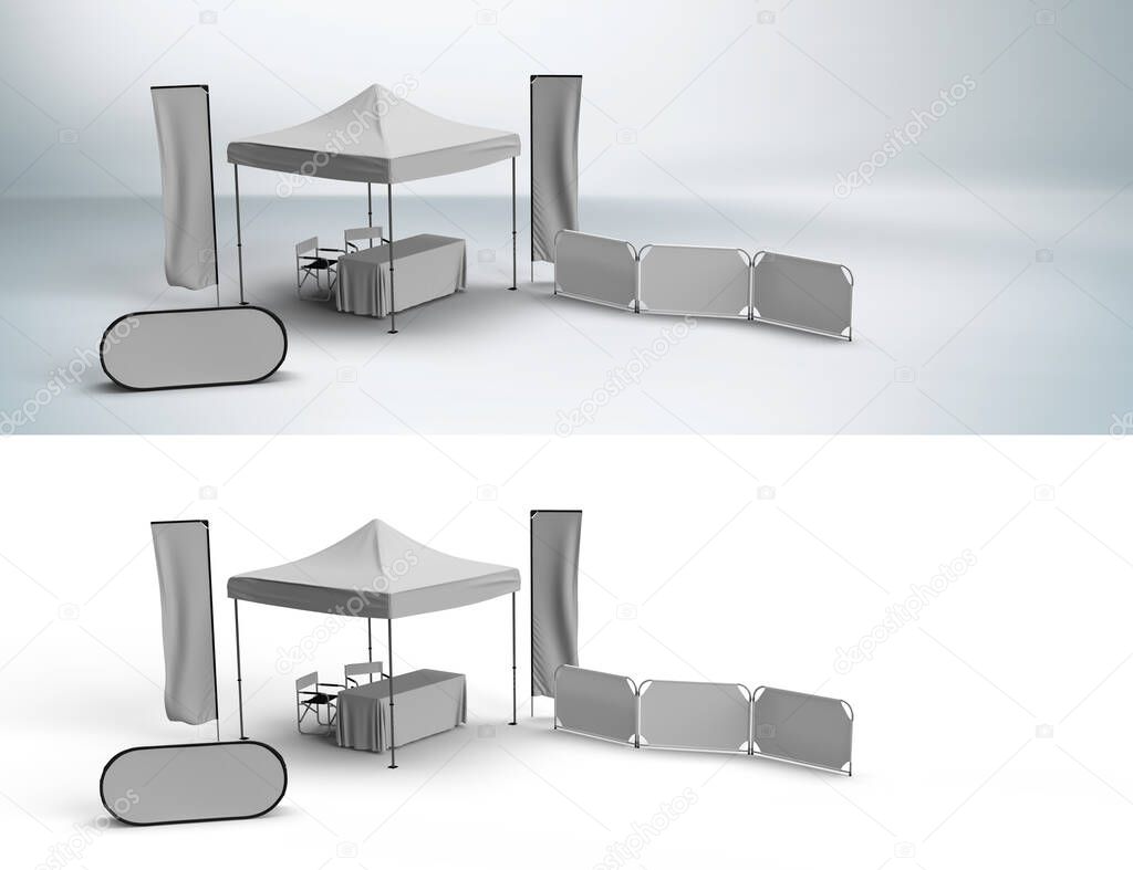 Exhibition Event Stand with Gazebo Marquee, Table Cloth, Telescopic Flags, Popup Banners, Directors Chairs and Partitions Combo, 3D render Illustration.