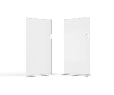 İki Clear DL el ilanı boyutunda akrilik masa başı konuşmacısı beyaz arka planda izole bir şekilde duruyor. 3B Resim Hazırlama