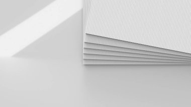 Boş beyaz kıvrımlı plastik Correx kağıtları yığını, sayfa dokusunu gösteren 3D görüntüyü kapat ve resimleme amaçlı parlak bir yüzey üzerinde bir model şablonu olarak görüntüle.