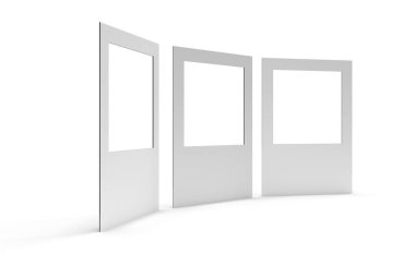 Plastik Oluklu Correx 'ten yapılmış üç boş selfie Frames açılı ve beyaz bir arkaplanda izole edilmiş. 3 Boyutlu resimleme.