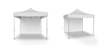 Tek bir arka duvarı olan ve beyaz arka planda izole edilmiş 2 adet Marquee Çardak Çadırı. İllüstrasyon ve modelleme için 3d oluşturma.