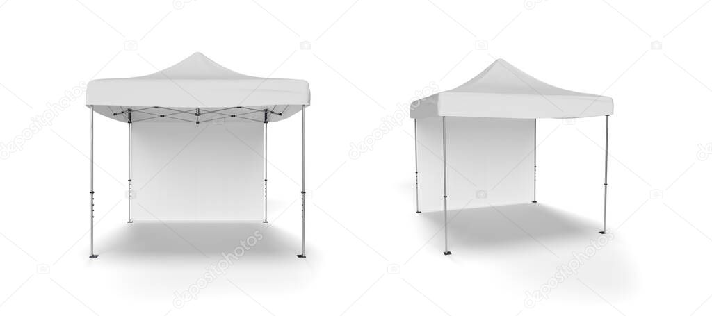 2 Views of a Exhibition Marquee Gazebo Tent with a single back wall and isolated on a white background. 3d render for illustration and mockups.