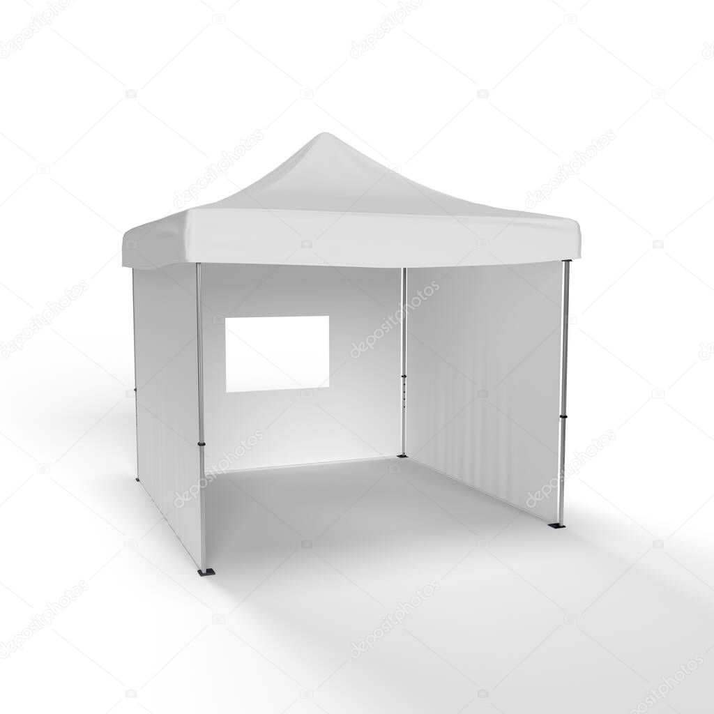 An Exhibition Tent Marquee Gazebo with 2 side walls, a back wall with a window and an open front isolated on a white background. 3d Render for illustrations and mockups.
