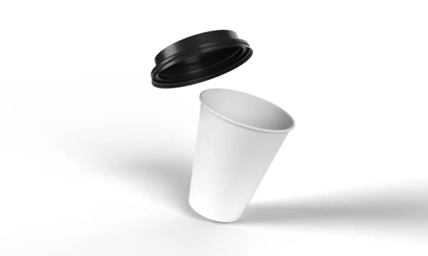 Tilted Recycle Able White Paper Cup Black Plastic Lid Floating — Foto de Stock