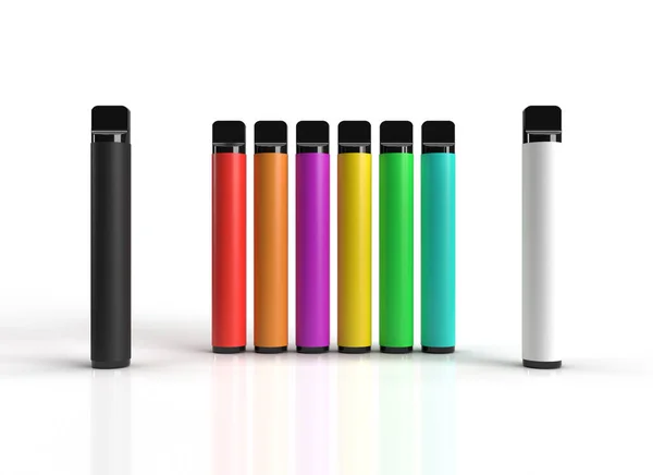 3D colorful range of disposable electronic vaping vapes for the electronic cigarette industry. 3D render illustration