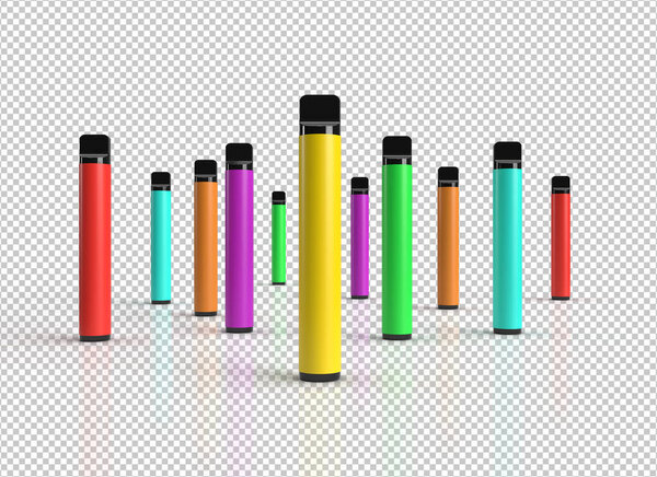 Disposable vape pen sticks scene isolated on a white background with colorful labels for copy space. 3D render illustration.
