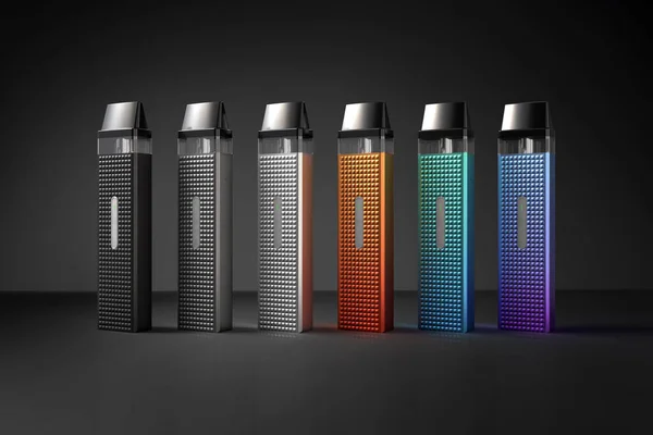 Set of Electronic Vapes in a Variety of Colors standing side by side with a Dark Studio Background. 3D Render Illustration.