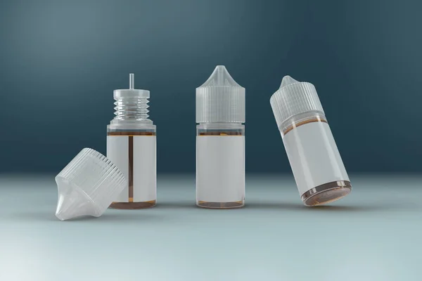 Sahnede Vape Juice Bottles 'ın çeşitli açılarını gösteren 3D Render of 30 ml Bottles ve juice Vape Liquid mavi bir stüdyoda. 3 Boyutlu Resim Çizimi