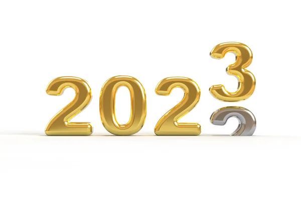 Прокрутка 2022 2023 Золоті Рендерингові Металеві Номери Ізольовані Білому Тлі — стокове фото
