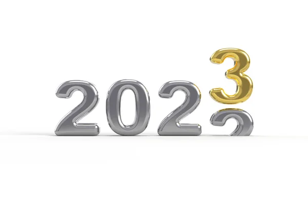 2022 'den 2023' e kadar kaydırma Gümüş ve Altın 3D metalik sayılar beyaz arkaplan üzerinde izole edilmiş, resimleme.