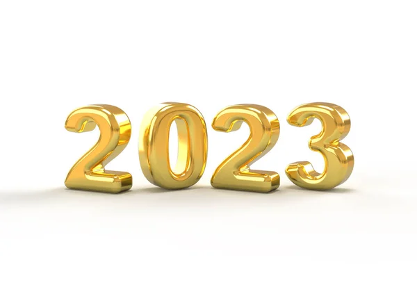 Altın metalik 2023 Yeni Yıl 3D. Lüks bir illüstrasyon beyaz arka planda izole edilmiş..