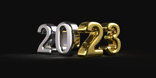 Silver and Gold Happy New Year 2023 3D Text on a dark black background. 3D Render Illustration.