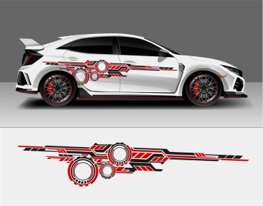 Araba kamyonu mini otobüsü için hazırlanmış vinil çıkartmalar motosikleti modifiye ediyor. Yarış Aracı Grafik Kiti izole vektör tasarım yarışı zarif çizgiler. paket için modern kırmızı teknoloji arkaplanı