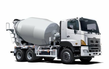 Beton karıştırma teslimatı, ağır kargo motoru, otomobil mikser kamyonu, beyaz arka planda izole edilmiş. Yapı illüstrasyonu modern araç vektör şablonu