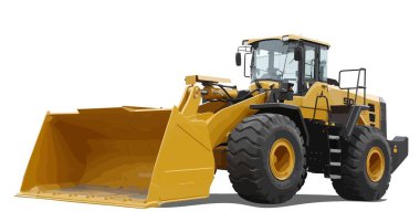 Ağır ekipman makinesi ve açık maden için imalat ekipmanı Büyük sarı ön-uç yükleyici ya da beyaz arka planda izole edilmiş tüm tekerlek buldozer.