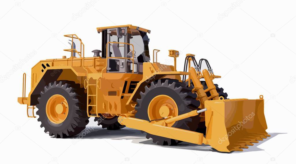Big yellow front-end loader or all wheel bulldozer isolated on white background. Heavy equipment machine and manufacturing equipment for open pit mining