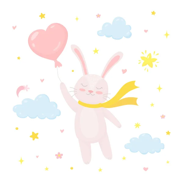 Cute rabbit flying with balloon — Stock Vector