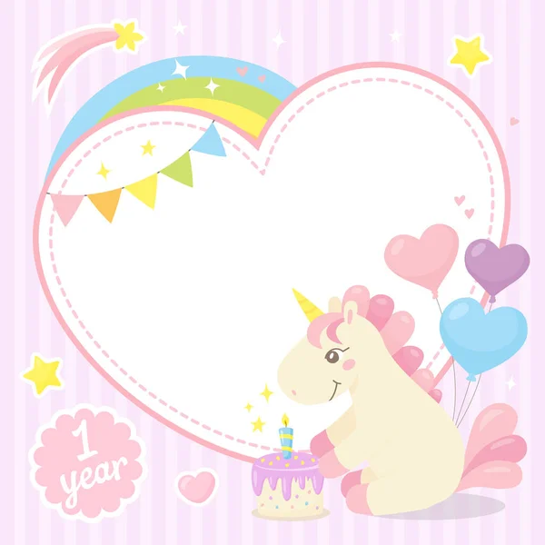 Marco en forma de corazón con unicornio pequeño, arco iris, pastel, globos — Vector de stock