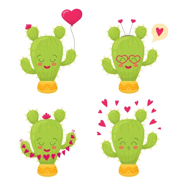 Set of cute happy cacti with smile faces — Stock Vector