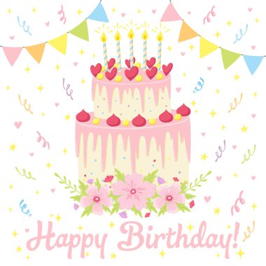 Pasta, çelenk ve çiçeklerle pastel renkli doğum günü tebrik kartı.