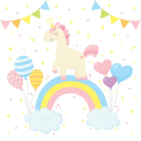 Lindo unicornio mágico en arco iris con nubes y globos — Vector de stock