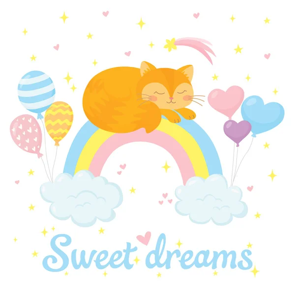 Cute baby cat sleeping on rainbow with clouds and balloons — Stock Vector