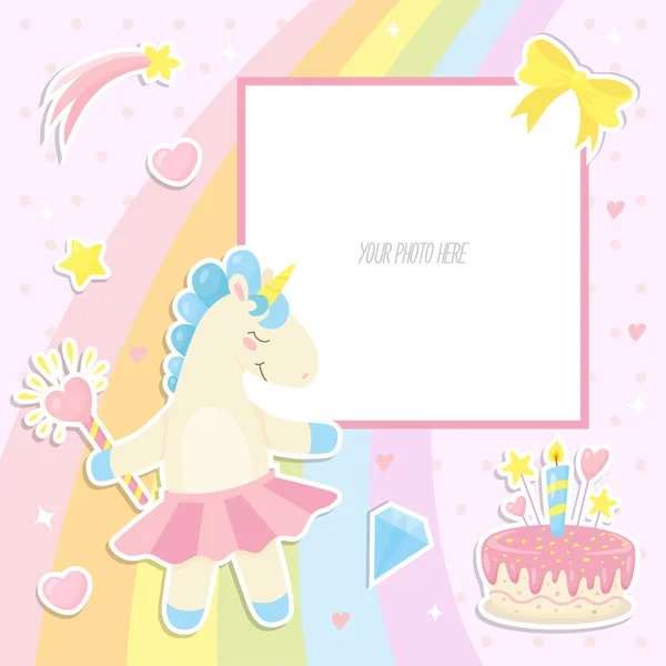 Marco de fotos del bebé con unicornio lindo, pastel, cristal, arco iris y otros elementos — Vector de stock