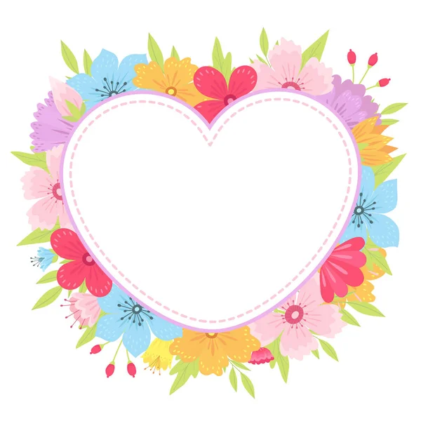 Cute frame of flowers and leaves in the shape of a heart — Stock Vector