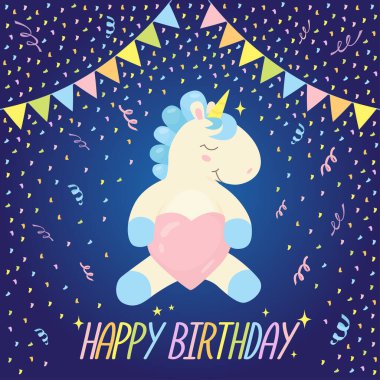 Yürek, çelenk, konfeti taşıyan şirin tek boynuzlu atların olduğu doğum günü kartı..