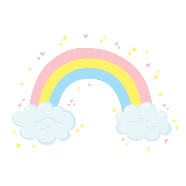 Linda ilustración vectorial con arco iris, nubes, corazones y estrellas aisladas sobre fondo blanco. — Vector de stock