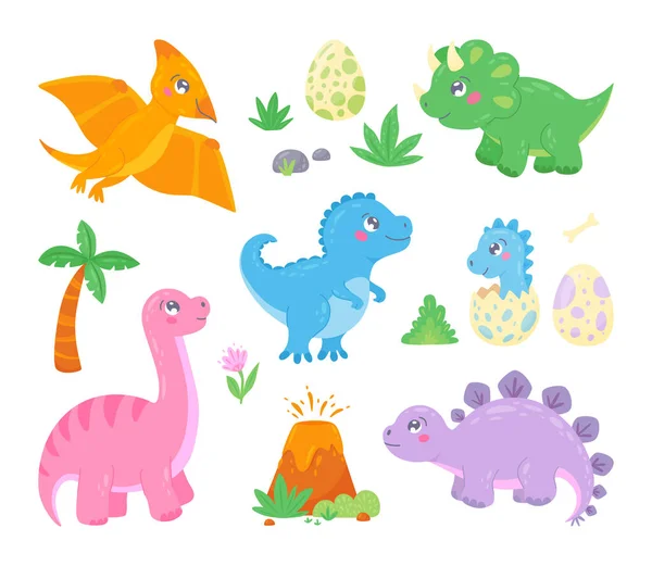 Set di simpatici dinosauri colorati ed elementi preistorici — Vettoriale Stock