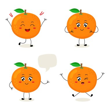 Set of cute orange fruit character in different poses and emotion.