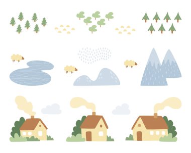 Vector set of cute houses, mountains, clouds, lakes, trees and sheep in scandinavian style. 