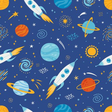 Cartoon space seamless pattern with planets, rockets, galaxy, comets and stars.