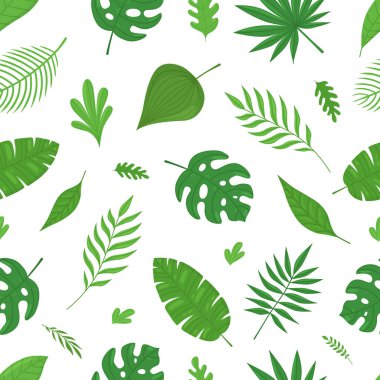 Vector tropical seamless pattern with green palm leaves in cartoon style.
